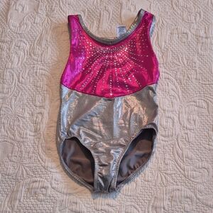 Freestyle girls 7/8 silver and pink shimmery leotard with gems VGUC